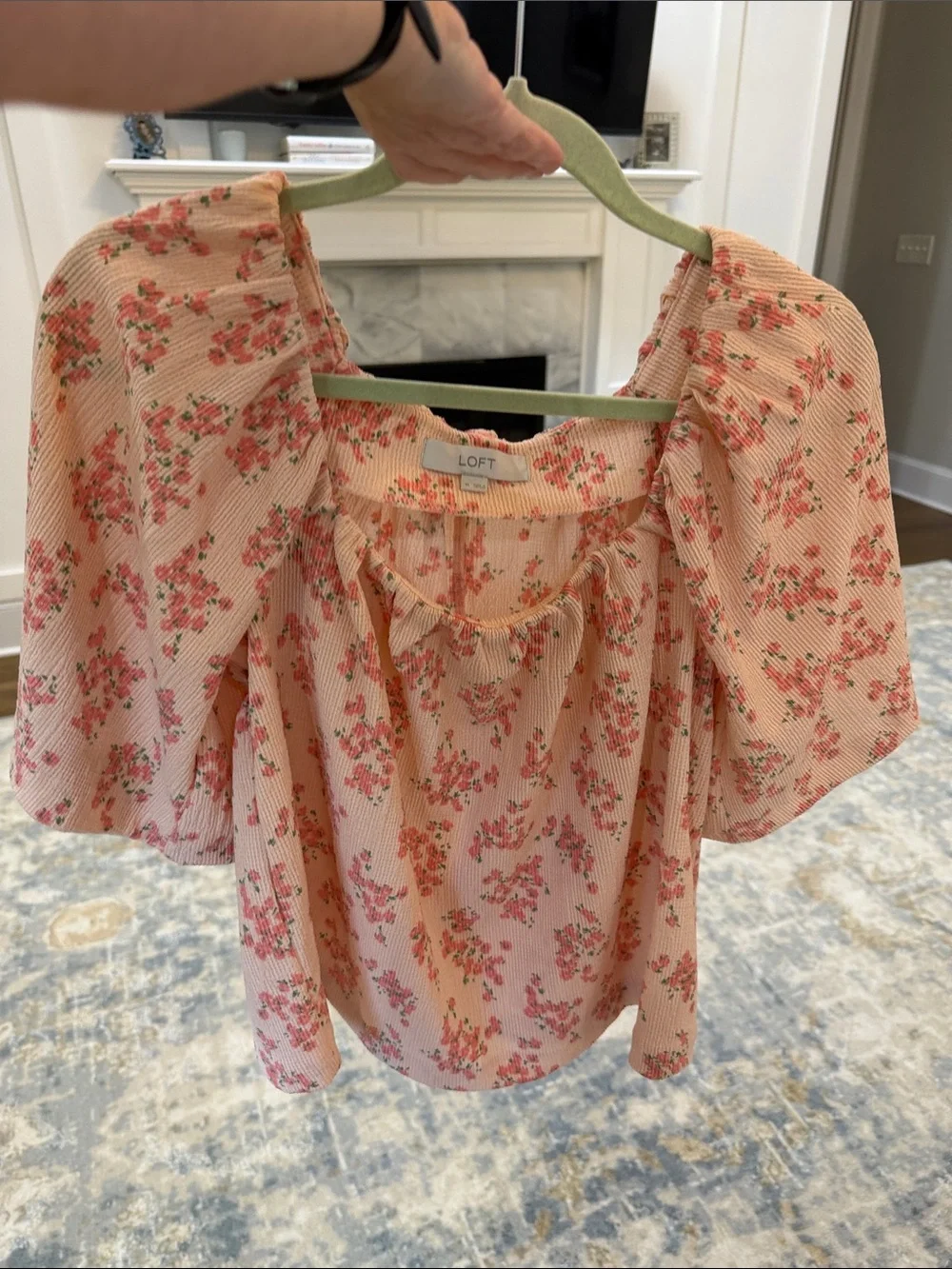 LOFT Blush Pink Floral Square-Neck Peasant Blouse